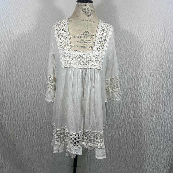Cute Options Tops - White Crochet neckline hem and sleeve insets BoHo Shabby Chic Tunic